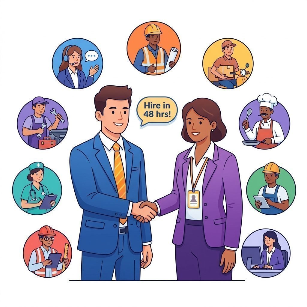 Recruiter and candidate handshake with diverse worker icons